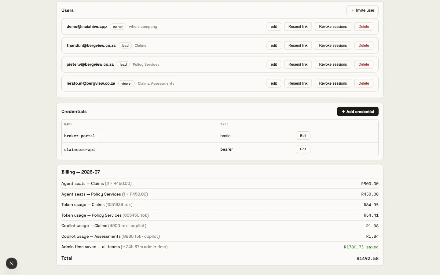 The owner console: users, credentials, and an itemised month-to-date bill per team