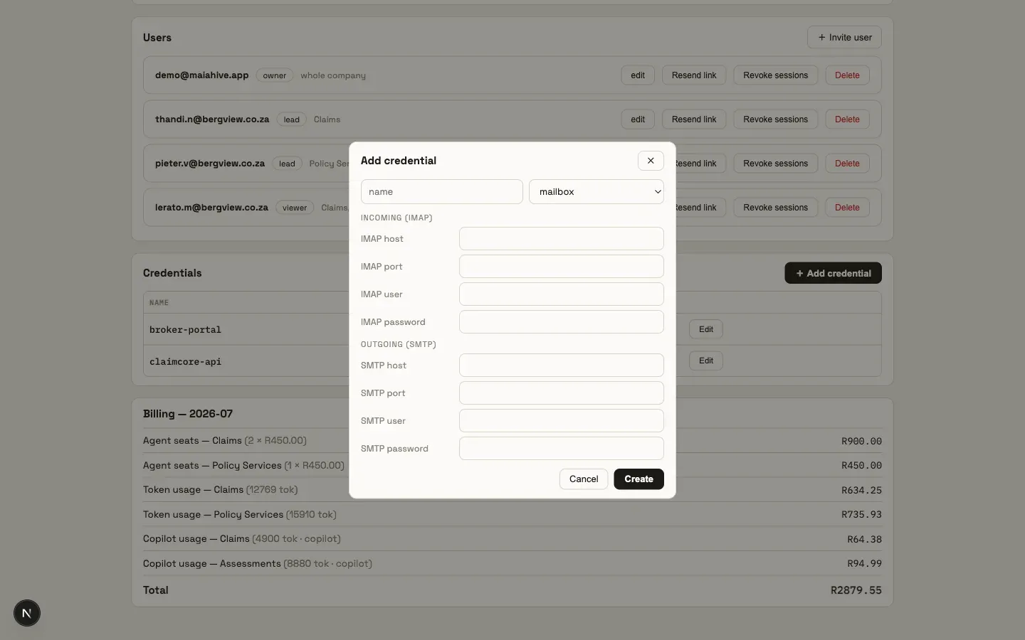 Adding a mailbox credential: IMAP and SMTP fields in the credential form