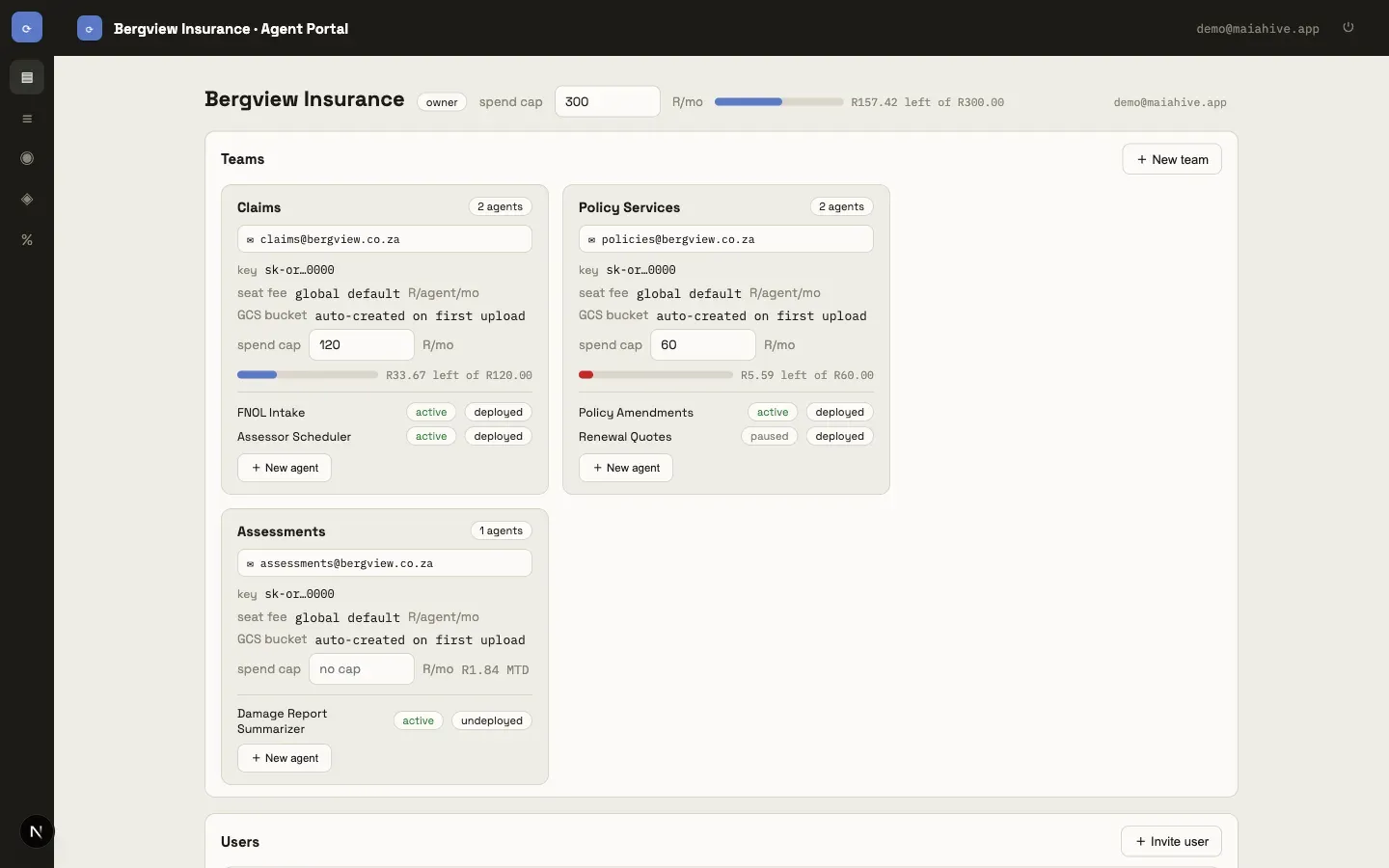 The Bergview Insurance owner console: three teams with live spend-cap bars, agents, and users