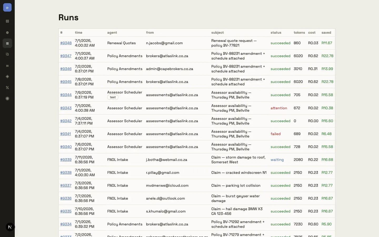 The runs list: succeeded, waiting, failed, and attention statuses across a month of claims and policy work